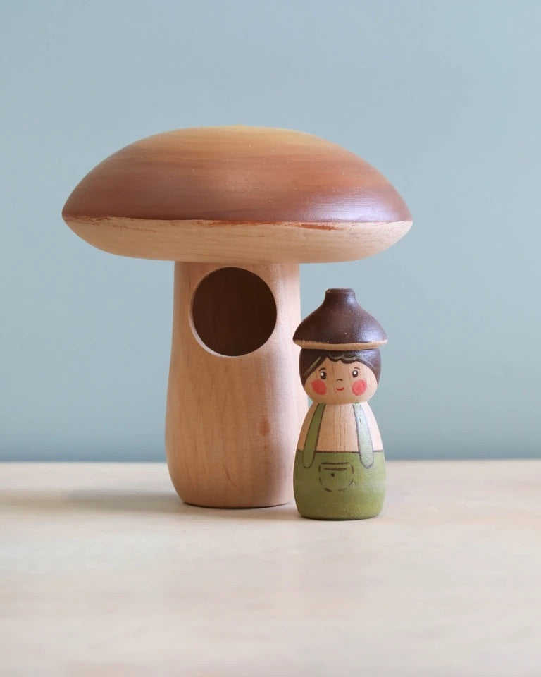 Handmade Wooden Mushroom House with Acorn Man